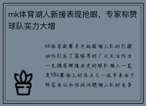 mk体育湖人新援表现抢眼，专家称赞球队实力大增